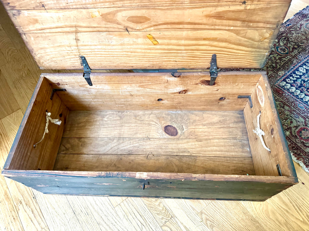 Vintage Wooden Military Footlocker / Rustic Green Storage Trunk
