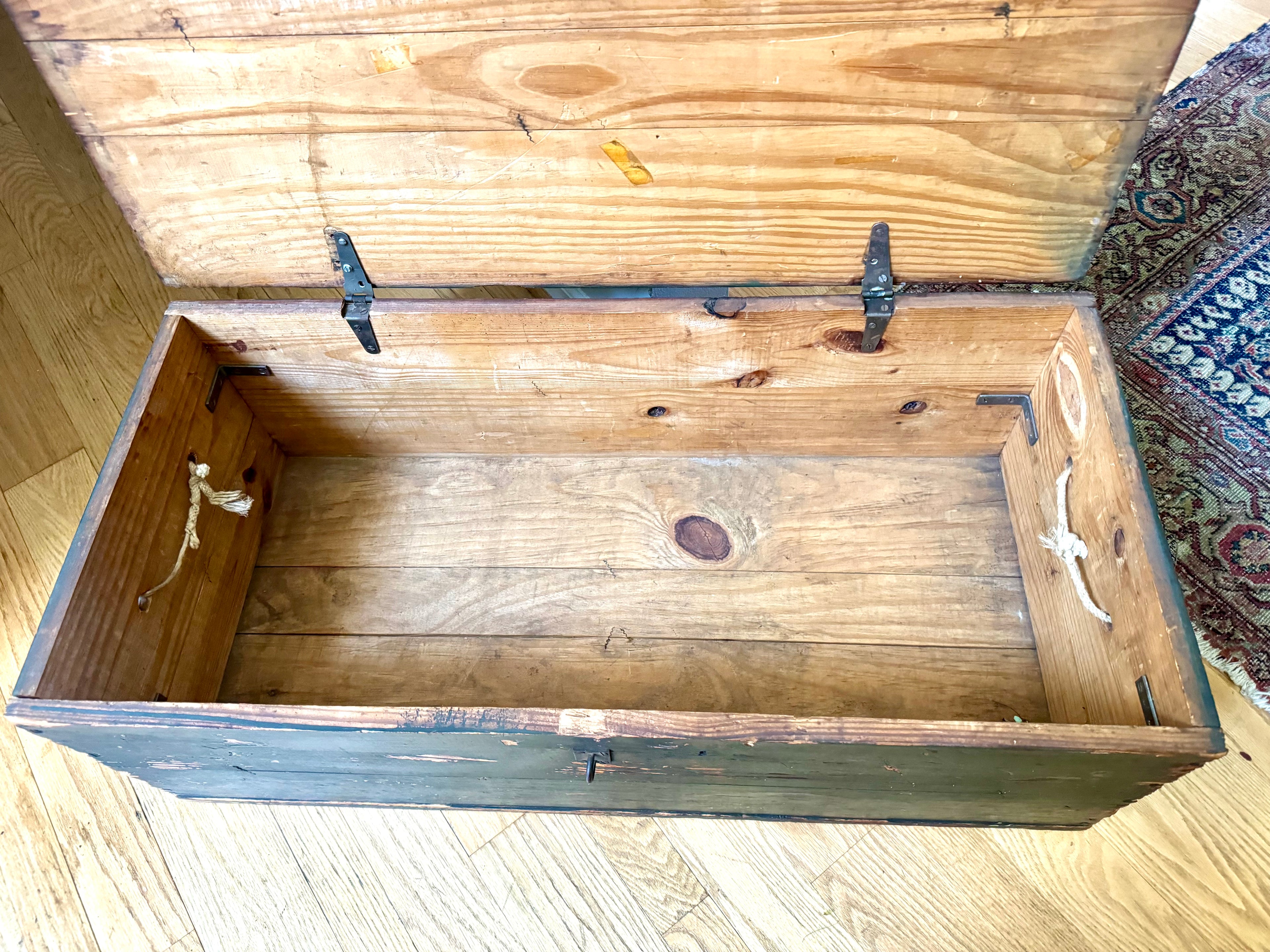 Vintage Wooden Military Footlocker / Rustic Green Storage Trunk