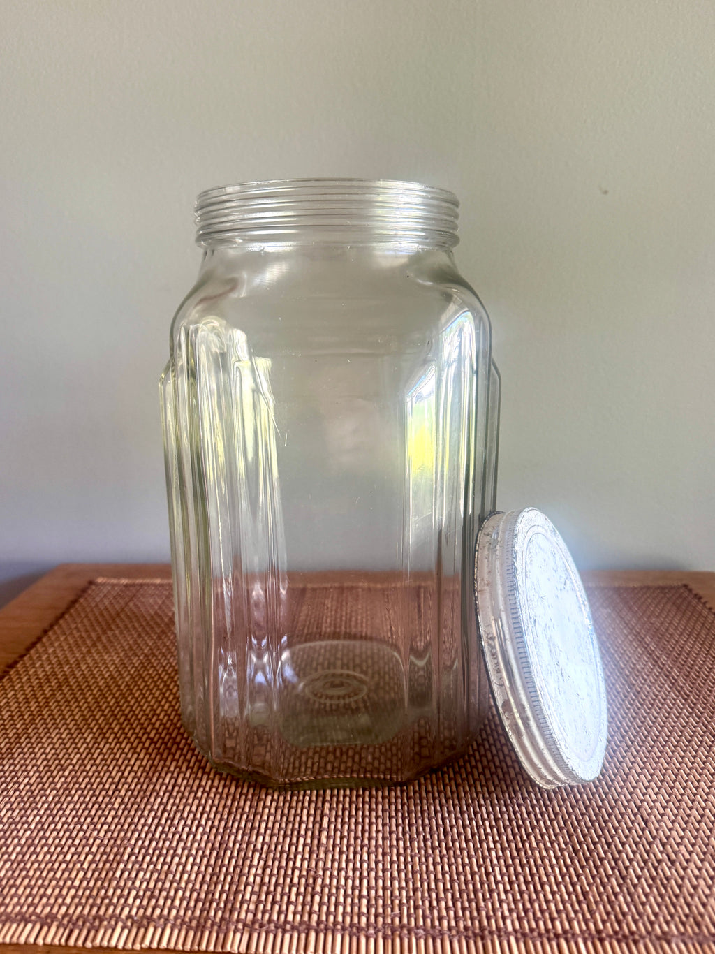 1930’s Necco Glass Candy Jar with Metal Lid ~ Antique Large Art Deco Country Store Glass Candy Jar with Lid