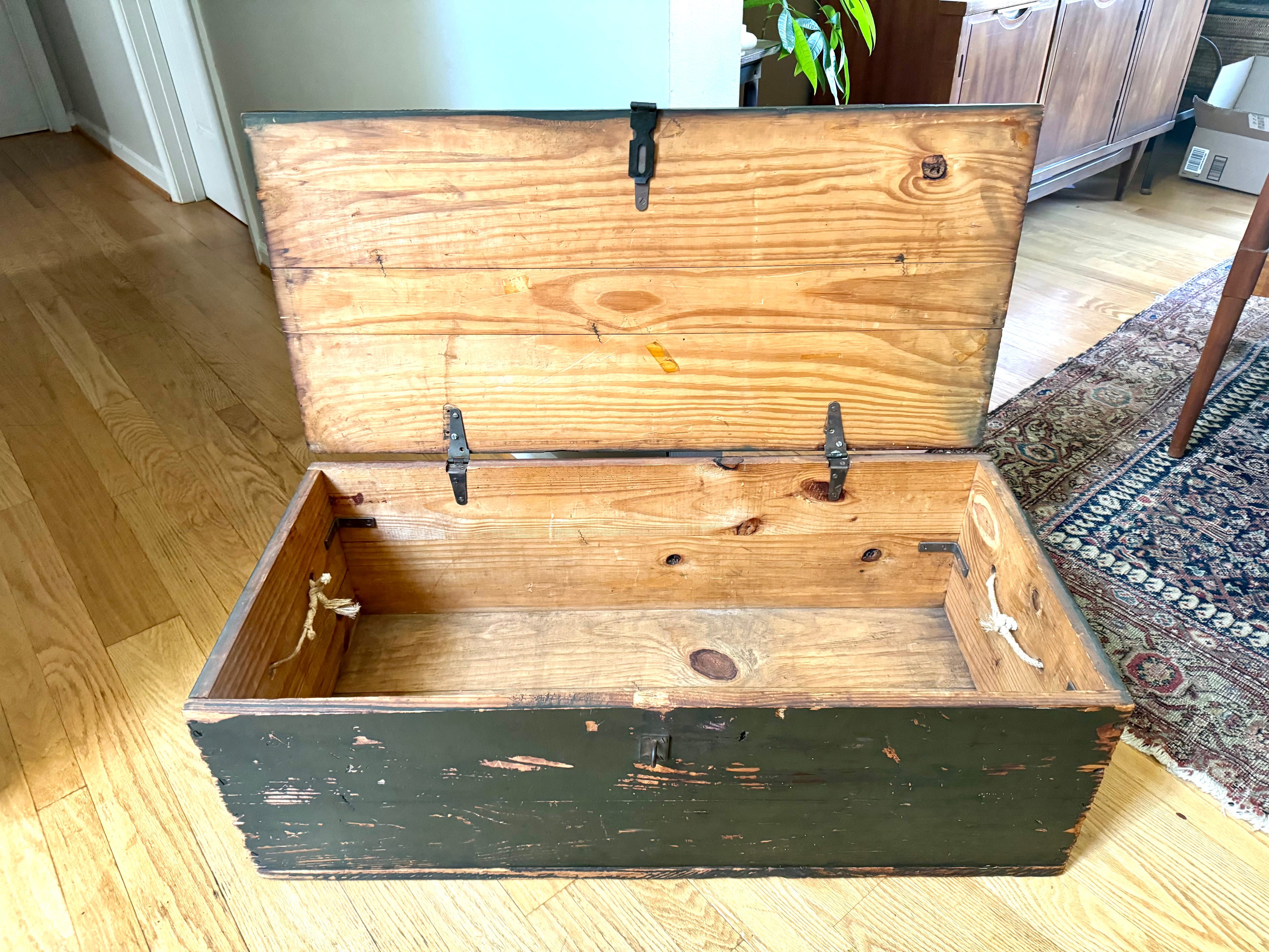Vintage Wooden Military Footlocker / Rustic Green Storage Trunk