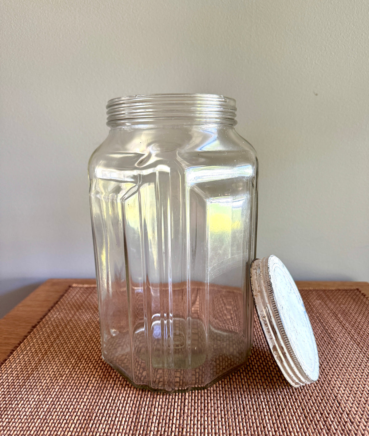 1930’s Necco Glass Candy Jar with Metal Lid ~ Antique Large Art Deco Country Store Glass Candy Jar with Lid