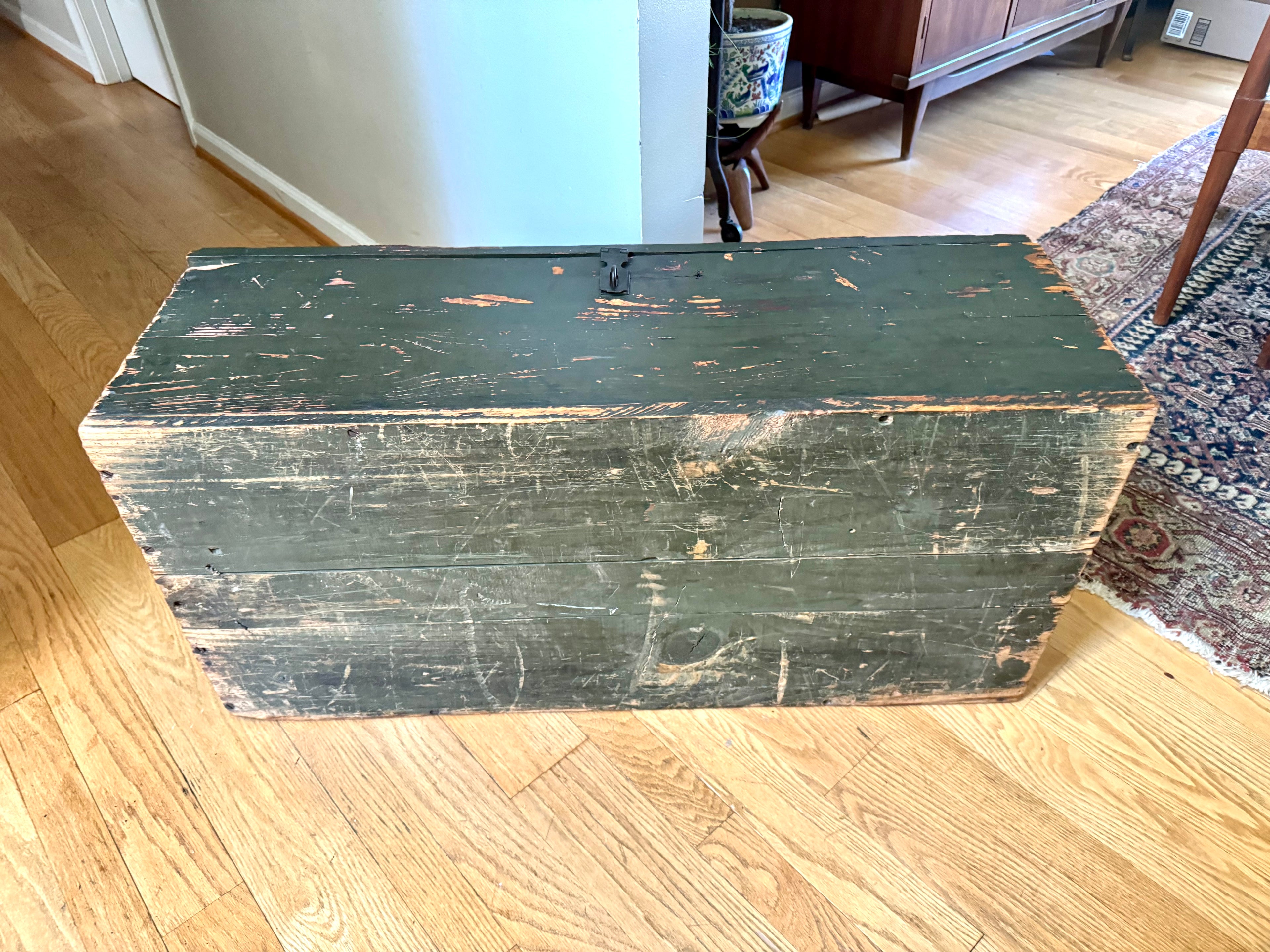 Vintage Wooden Military Footlocker / Rustic Green Storage Trunk