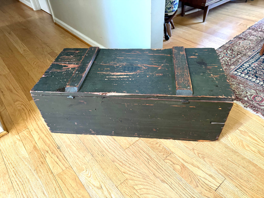 Vintage Wooden Military Footlocker / Rustic Green Storage Trunk