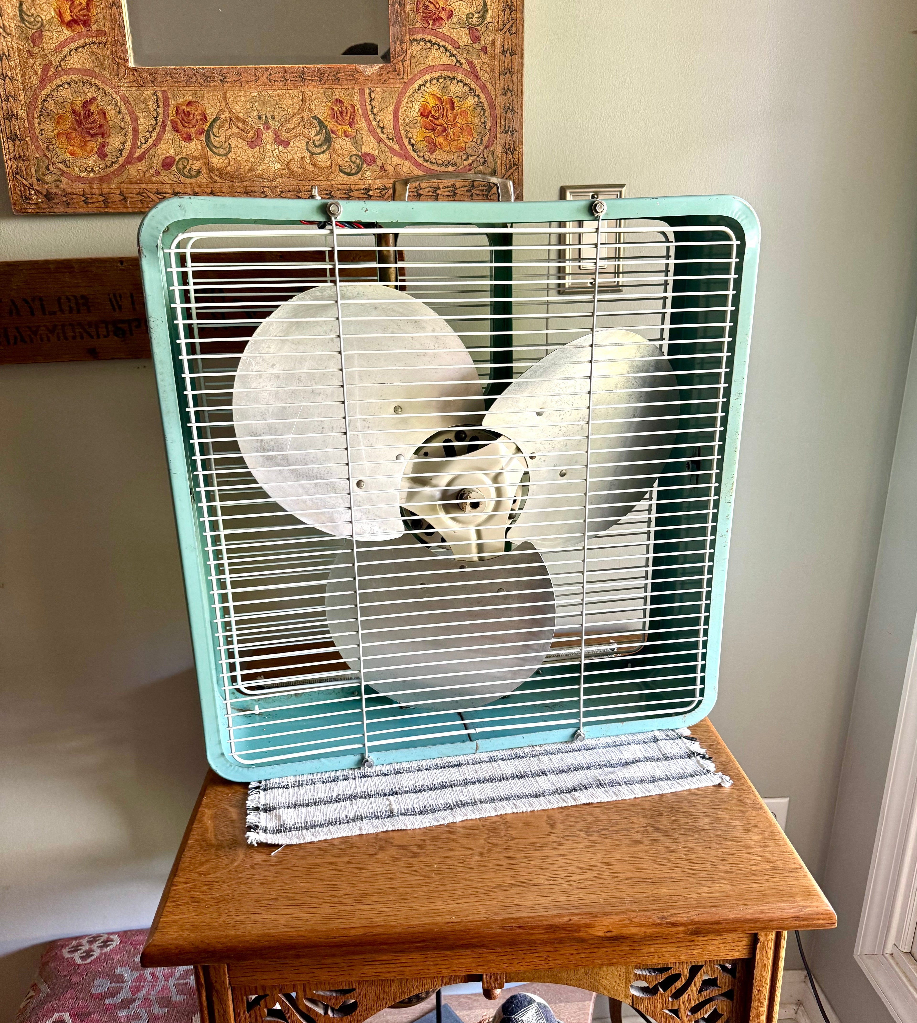 Vintage Turquoise Eskimo 2 Speed Box Fan | McGraw-Edison Co. Distressed Finish Box Fan