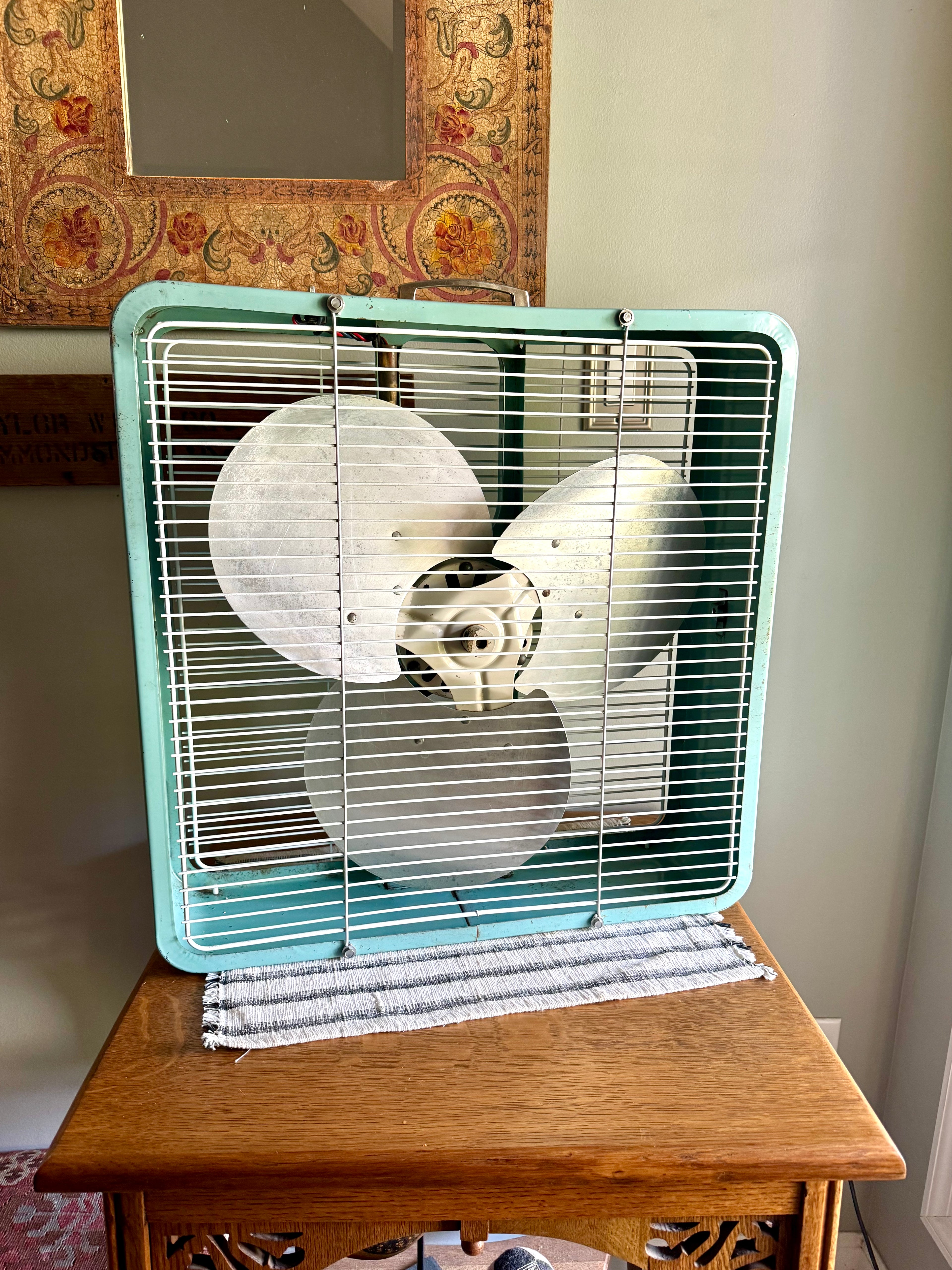 Vintage Turquoise Eskimo 2 Speed Box Fan | McGraw-Edison Co. Distressed Finish Box Fan