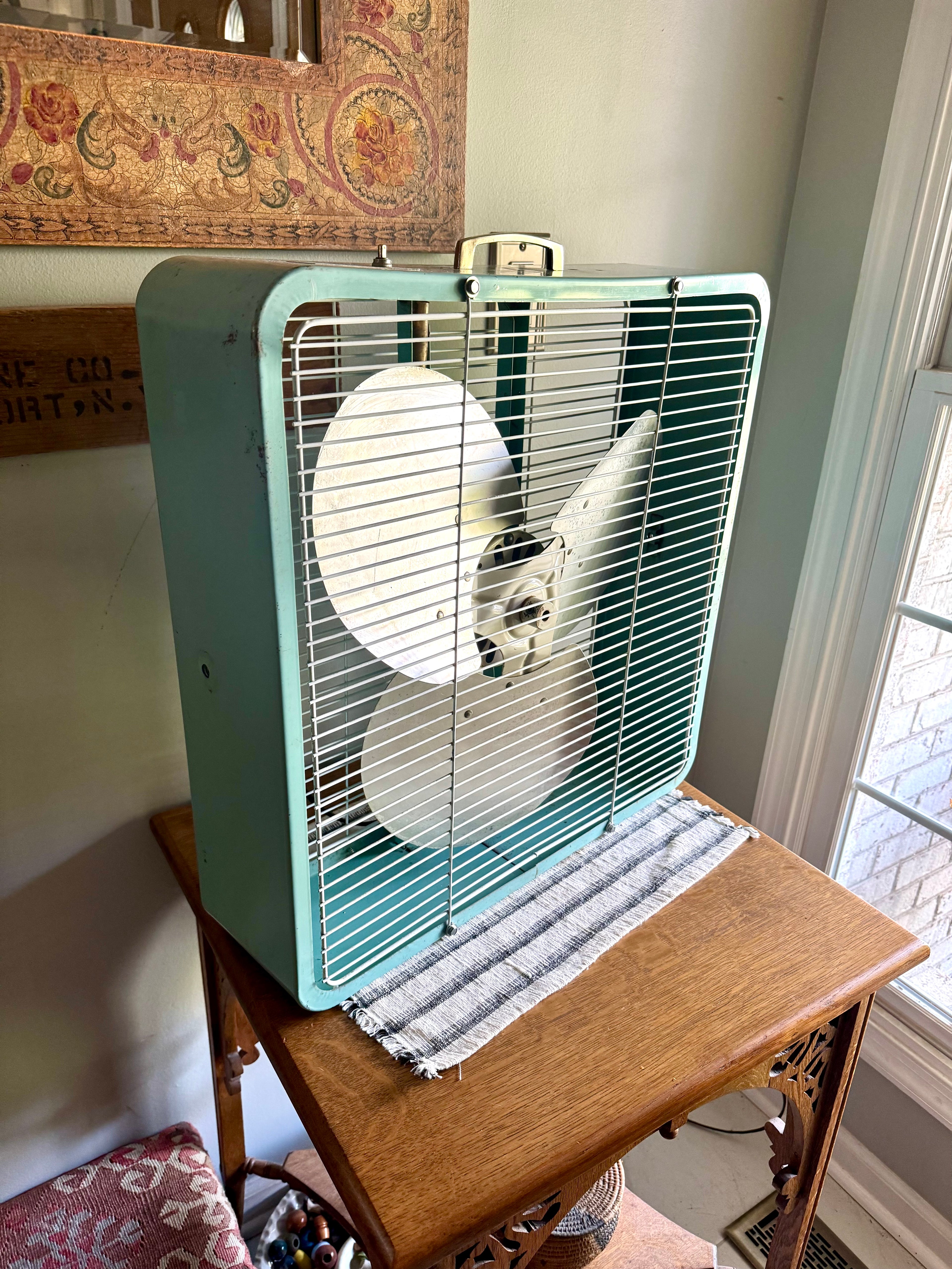 Vintage Turquoise Eskimo 2 Speed Box Fan | McGraw-Edison Co. Distressed Finish Box Fan