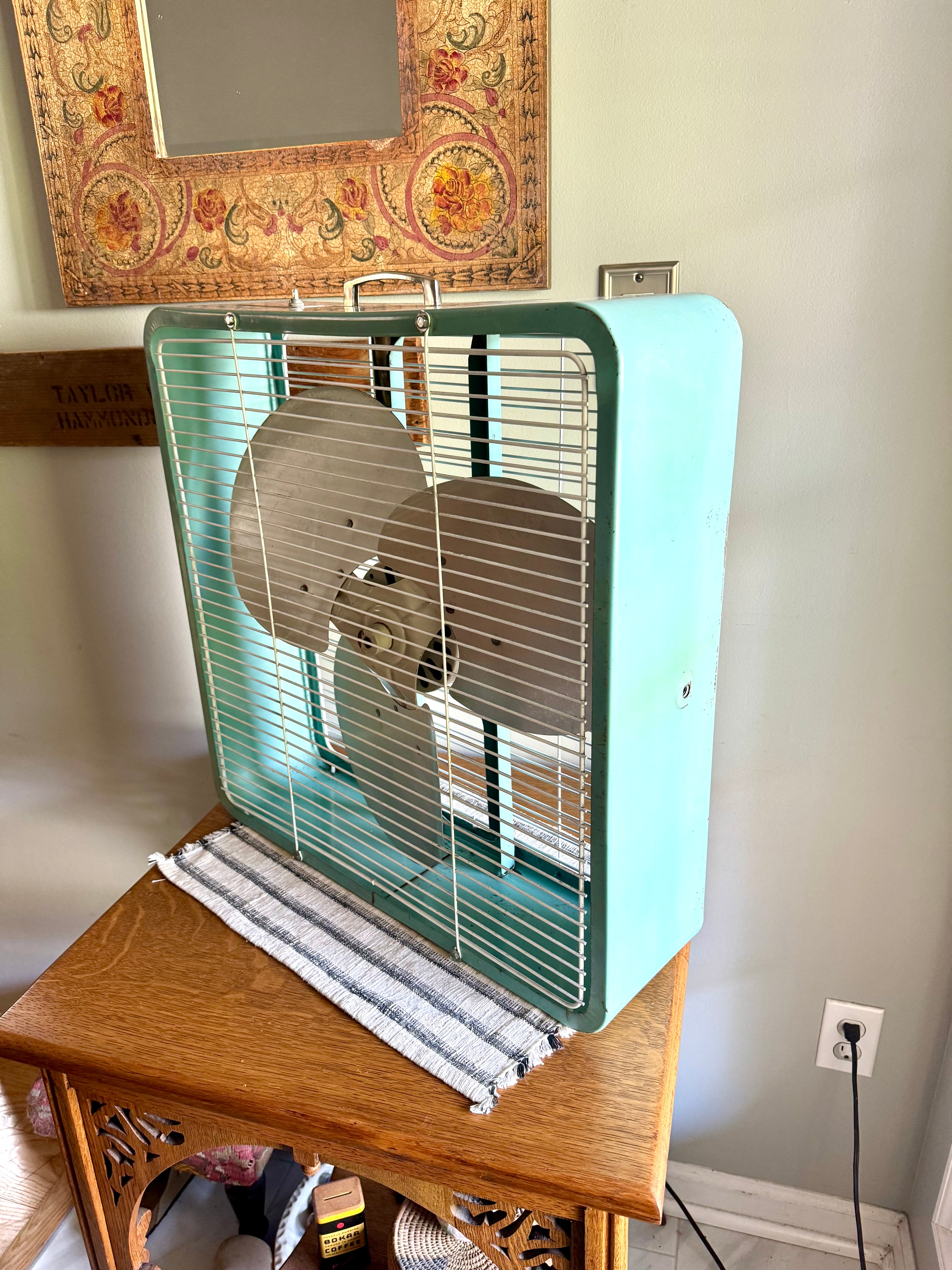 Vintage Turquoise Eskimo 2 Speed Box Fan | McGraw-Edison Co. Distressed Finish Box Fan