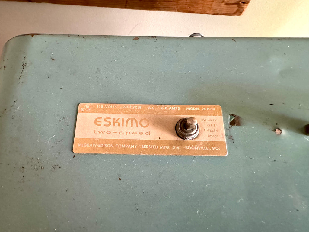 Vintage Turquoise Eskimo 2 Speed Box Fan | McGraw-Edison Co. Distressed Finish Box Fan