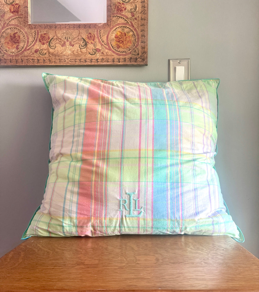Ralph Lauren Pastel Plaid Support Pillow/Decorative Pillow ~ Large 24" Pastel Plaid RL Pillow