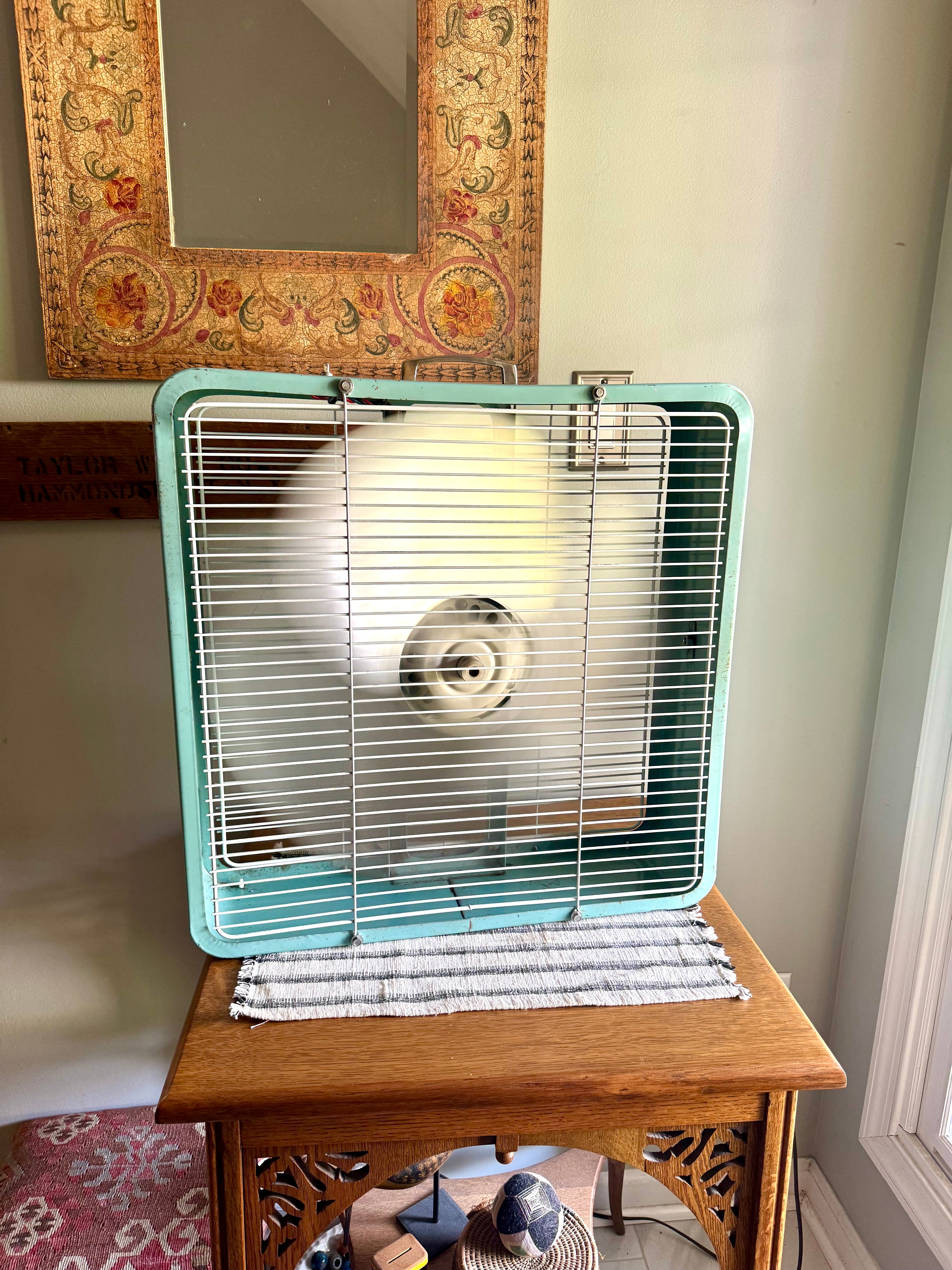 Vintage Turquoise Eskimo 2 Speed Box Fan | McGraw-Edison Co. Distressed Finish Box Fan