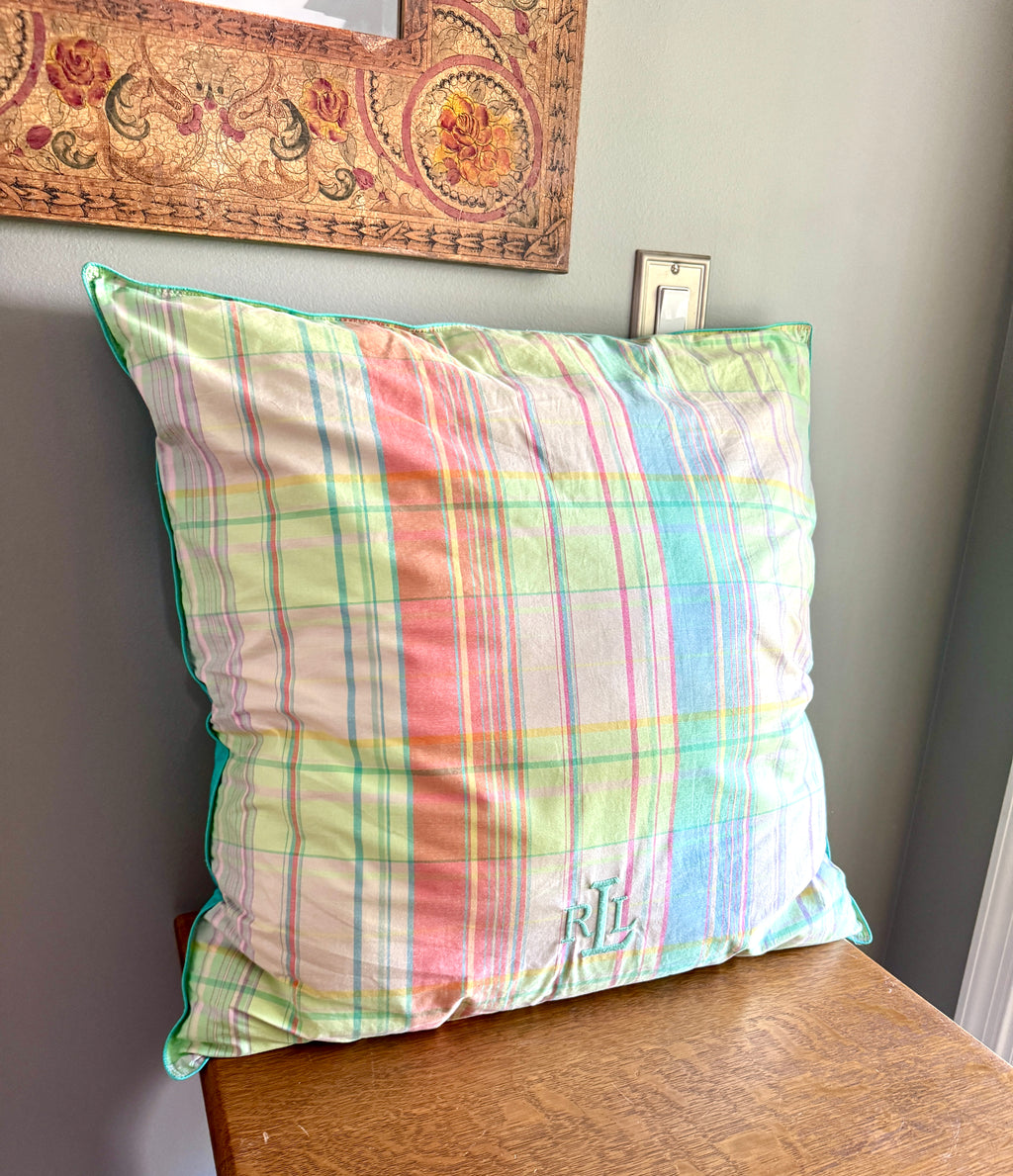 Ralph Lauren Pastel Plaid Support Pillow/Decorative Pillow ~ Large 24" Pastel Plaid RL Pillow