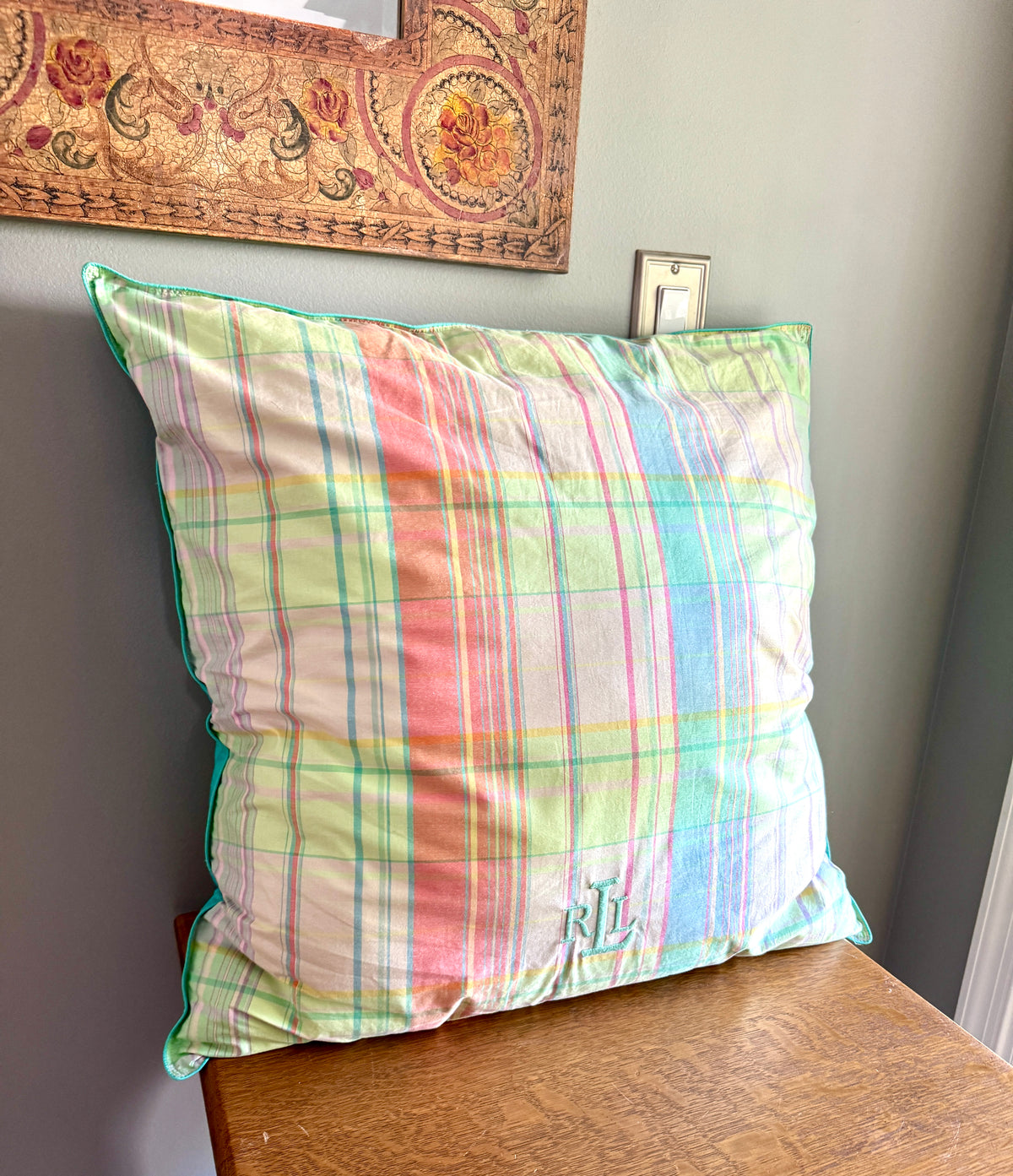 Ralph Lauren Pastel Plaid Support Pillow/Decorative Pillow ~ Large 24" Pastel Plaid RL Pillow