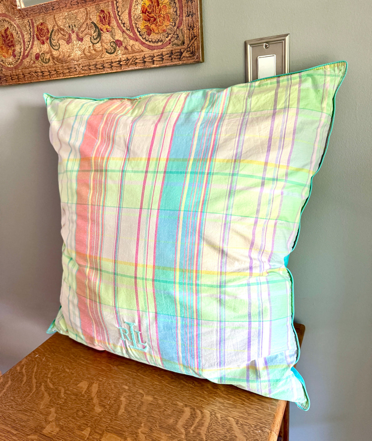 Ralph Lauren Pastel Plaid Support Pillow/Decorative Pillow ~ Large 24" Pastel Plaid RL Pillow