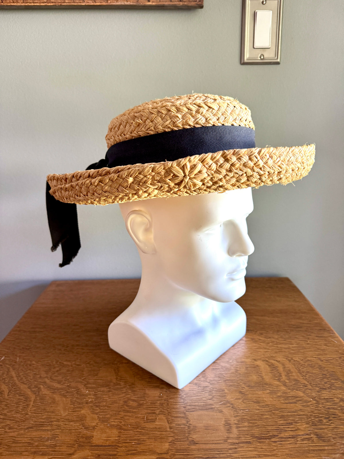 Vintage Helen Kaminski Wide Braid Raffia Hat With Bow ~ Australia Classic Raffia Natural Black Bow Hat