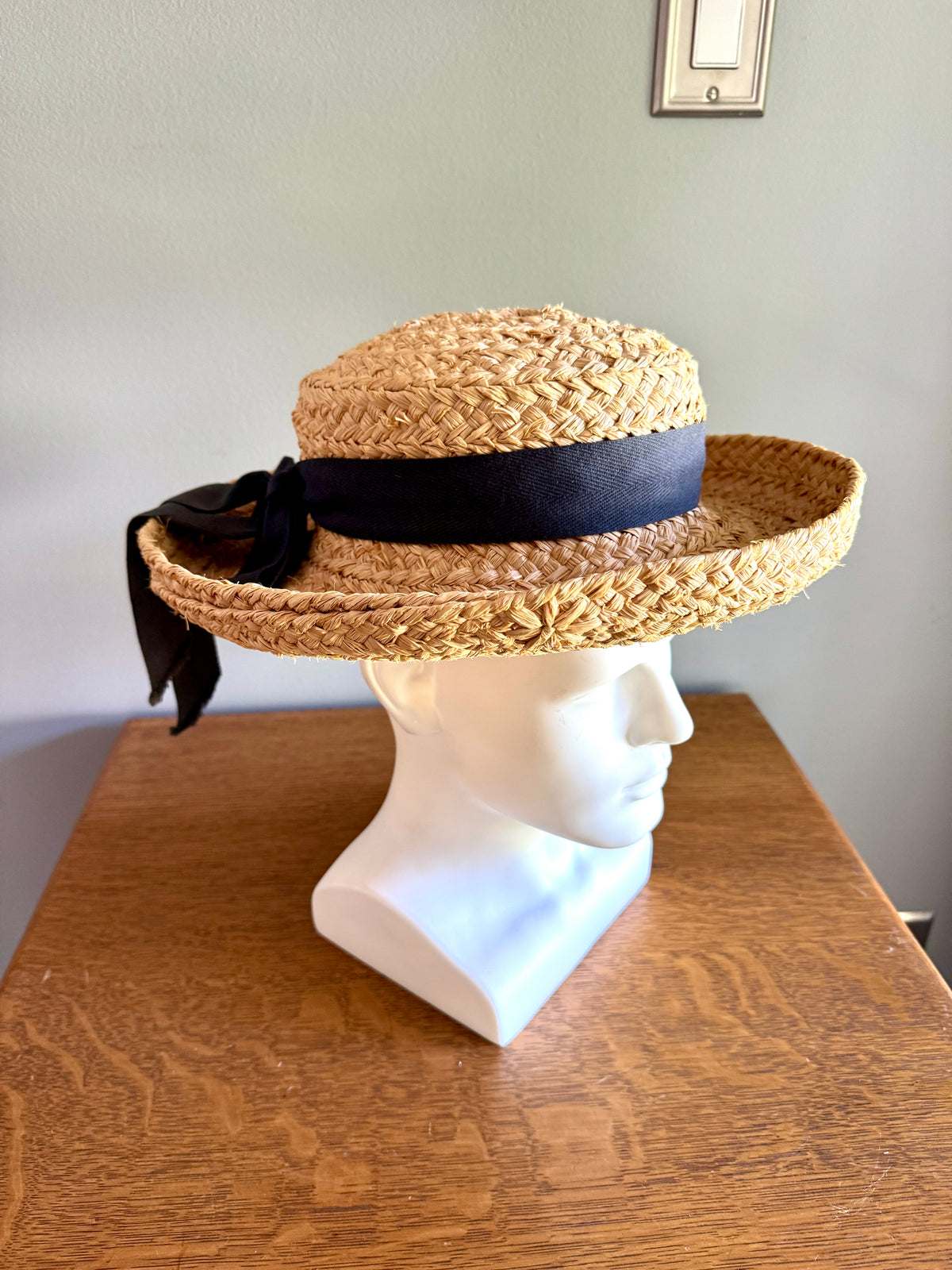 Vintage Helen Kaminski Wide Braid Raffia Hat With Bow ~ Australia Classic Raffia Natural Black Bow Hat