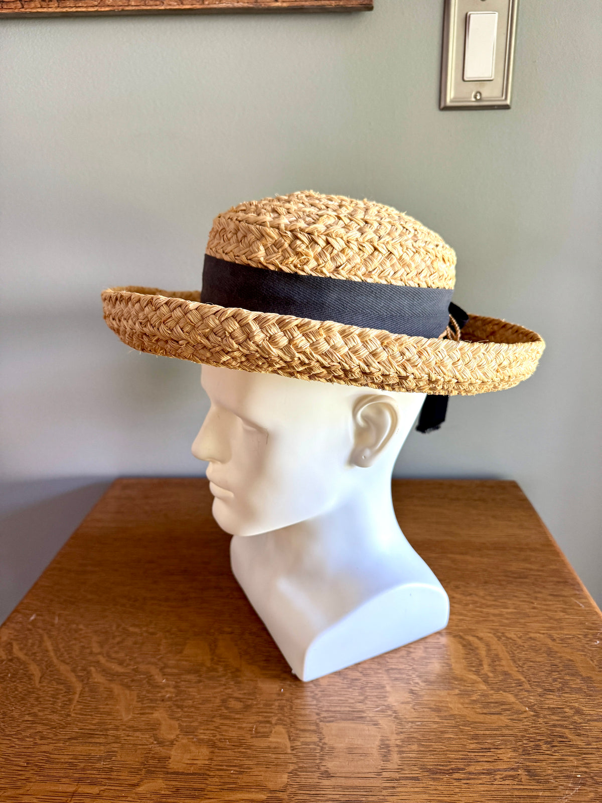 Vintage Helen Kaminski Wide Braid Raffia Hat With Bow ~ Australia Classic Raffia Natural Black Bow Hat