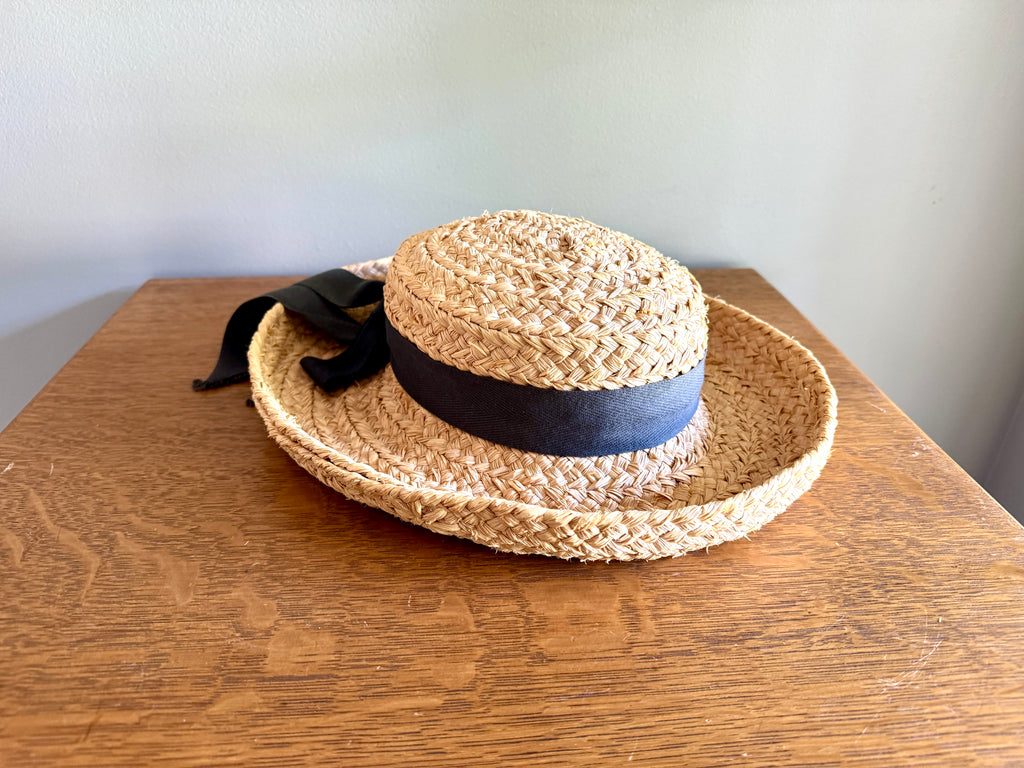 Vintage Helen Kaminski Wide Braid Raffia Hat With Bow ~ Australia Classic Raffia Natural Black Bow Hat