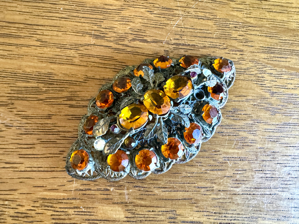 Vintage 1930's Czechoslovakian Filigree Brooch ~ Ornate Filigree Amber Stone Brooch
