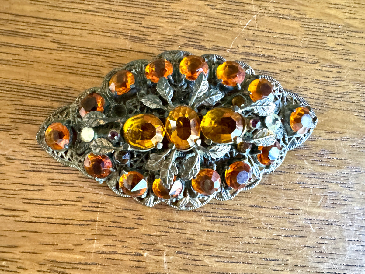 Vintage 1930's Czechoslovakian Filigree Brooch ~ Ornate Filigree Amber Stone Brooch