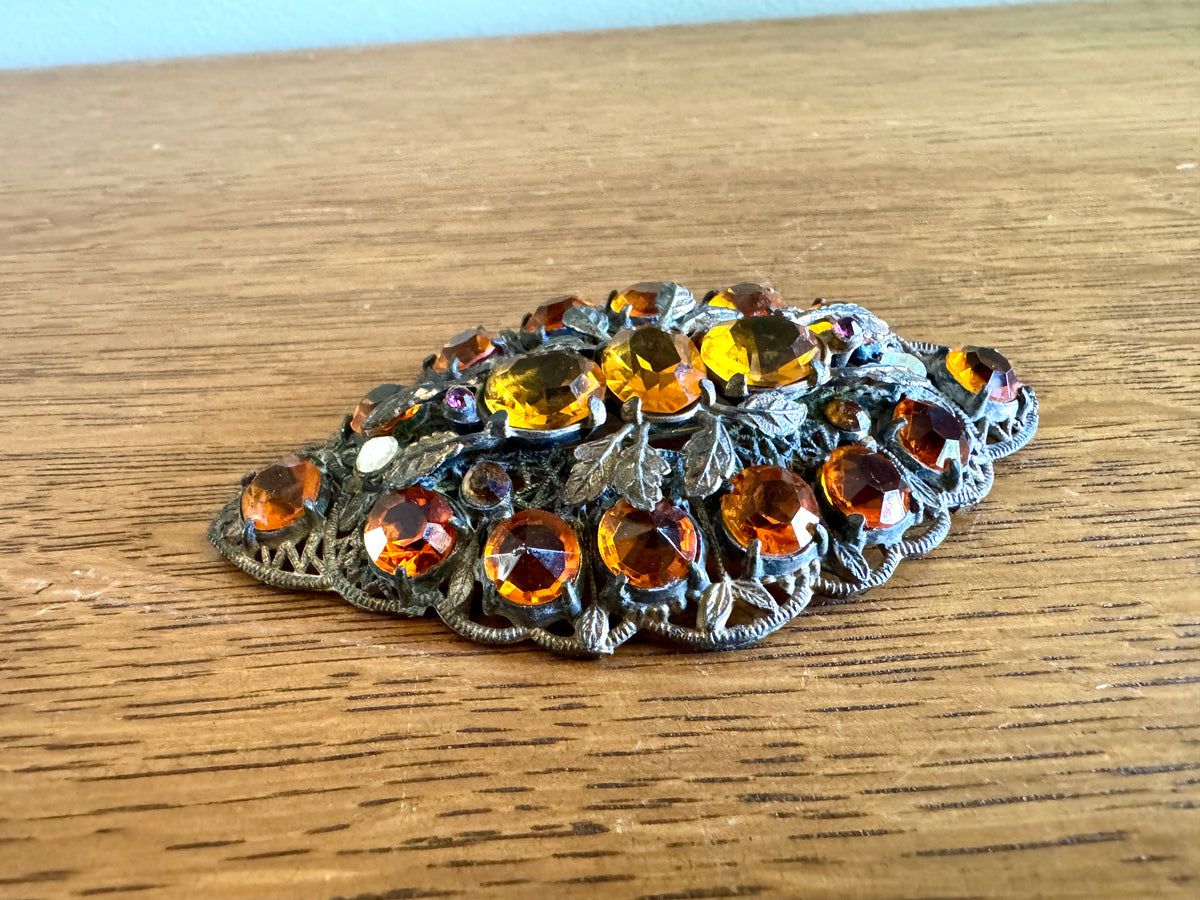 Vintage 1930's Czechoslovakian Filigree Brooch ~ Ornate Filigree Amber Stone Brooch