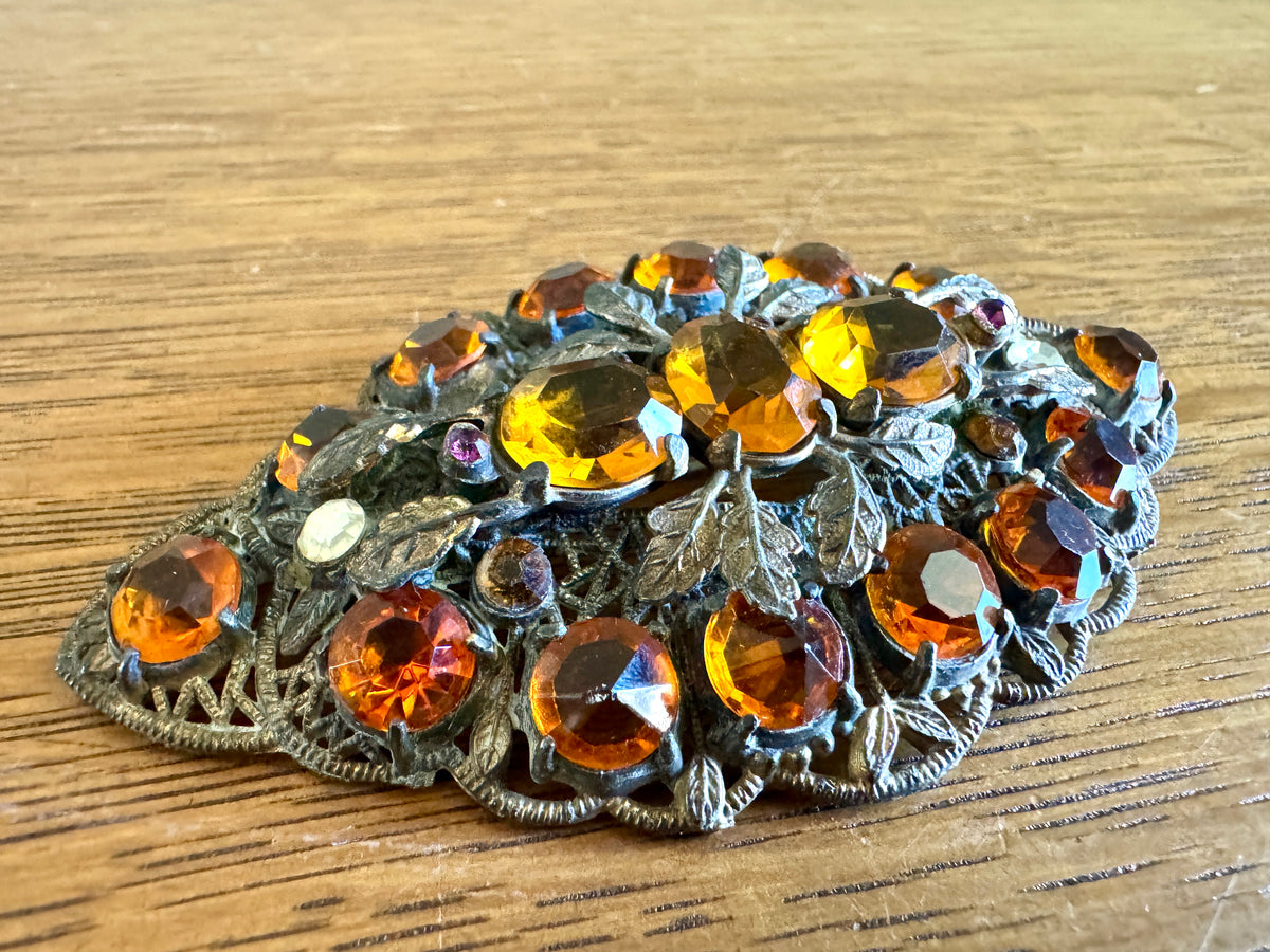 Vintage 1930's Czechoslovakian Filigree Brooch ~ Ornate Filigree Amber Stone Brooch