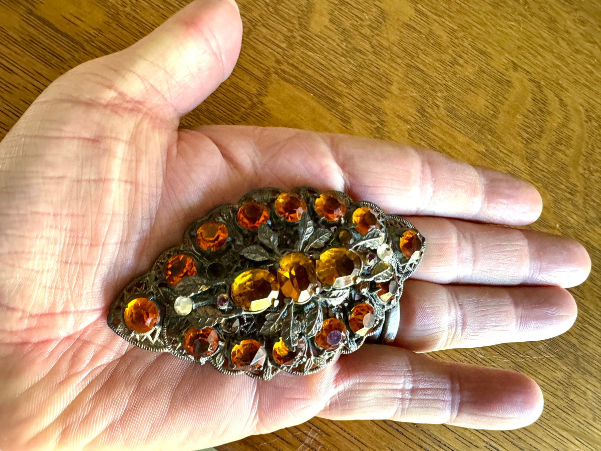 Vintage 1930's Czechoslovakian Filigree Brooch ~ Ornate Filigree Amber Stone Brooch