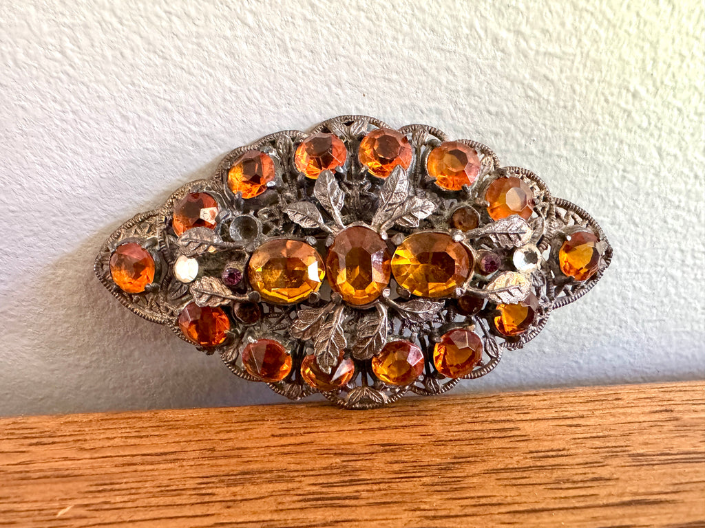 Vintage 1930's Czechoslovakian Filigree Brooch ~ Ornate Filigree Amber Stone Brooch
