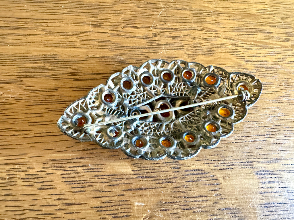 Vintage 1930's Czechoslovakian Filigree Brooch ~ Ornate Filigree Amber Stone Brooch