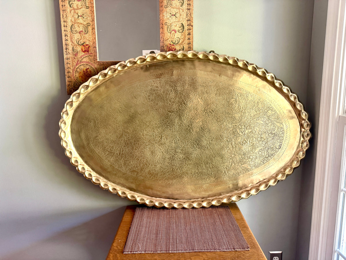 XL Vtg Moroccan Brass Tray ~ Scalloped Edge and Etched Leaf Design Brass Wall Hanging