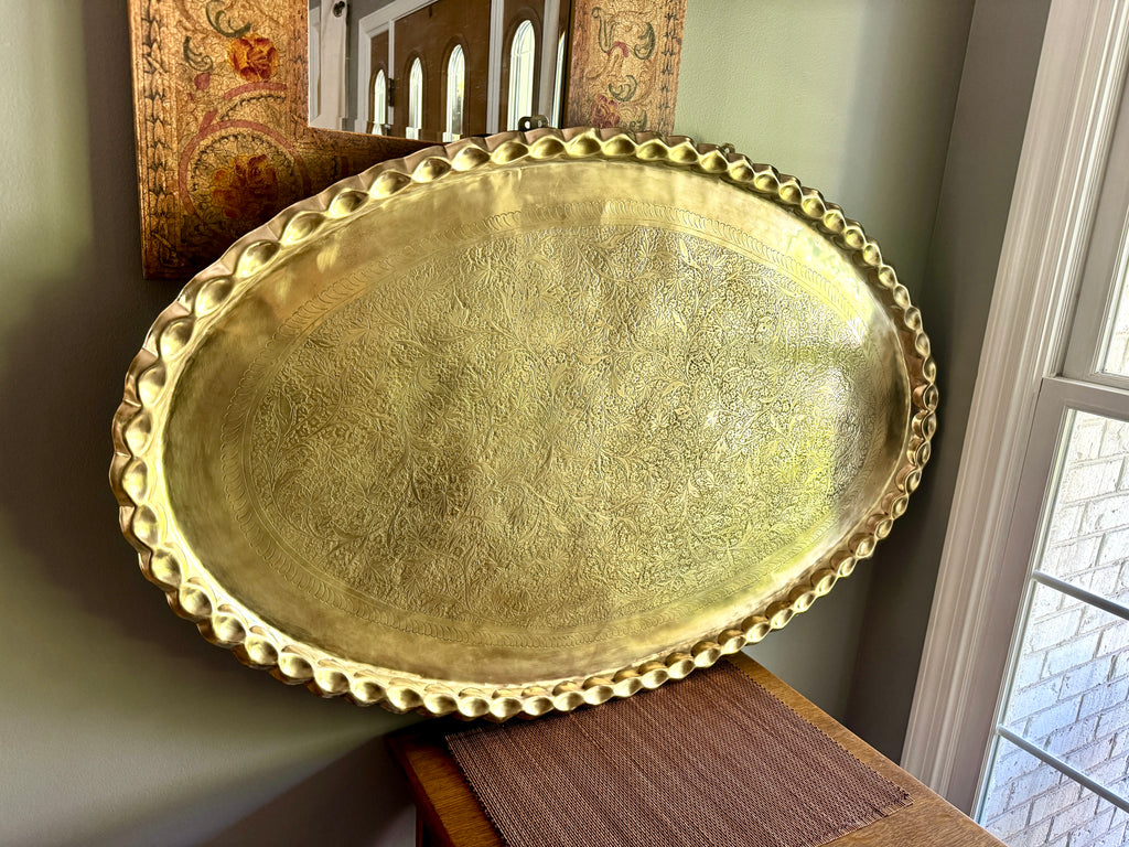 XL Vtg Moroccan Brass Tray ~ Scalloped Edge and Etched Leaf Design Brass Wall Hanging