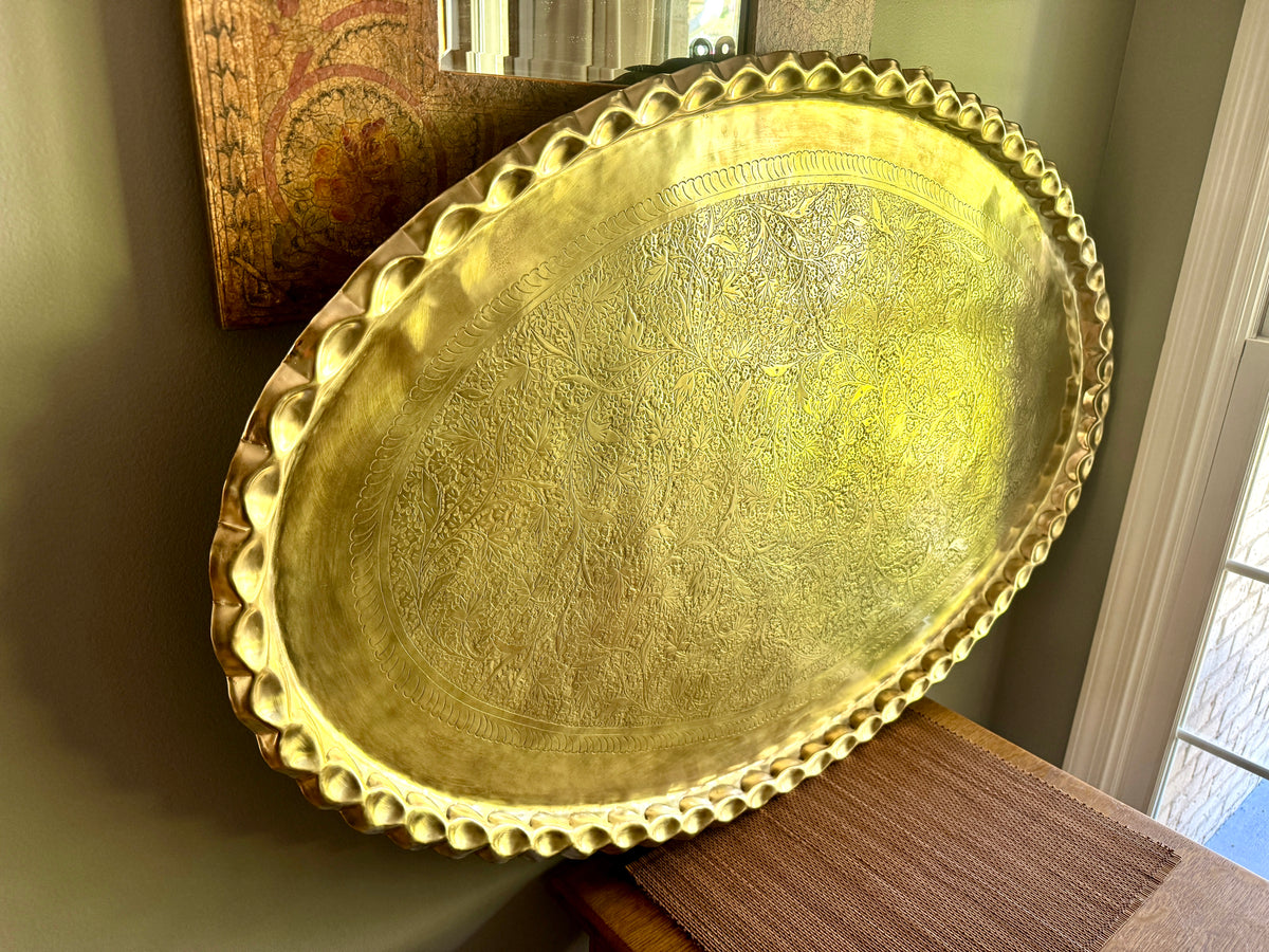 XL Vtg Moroccan Brass Tray ~ Scalloped Edge and Etched Leaf Design Brass Wall Hanging