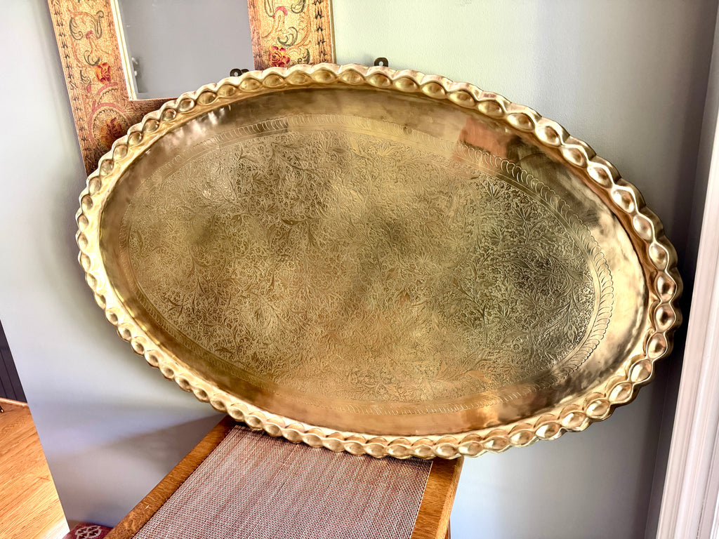 XL Vtg Moroccan Brass Tray ~ Scalloped Edge and Etched Leaf Design Brass Wall Hanging