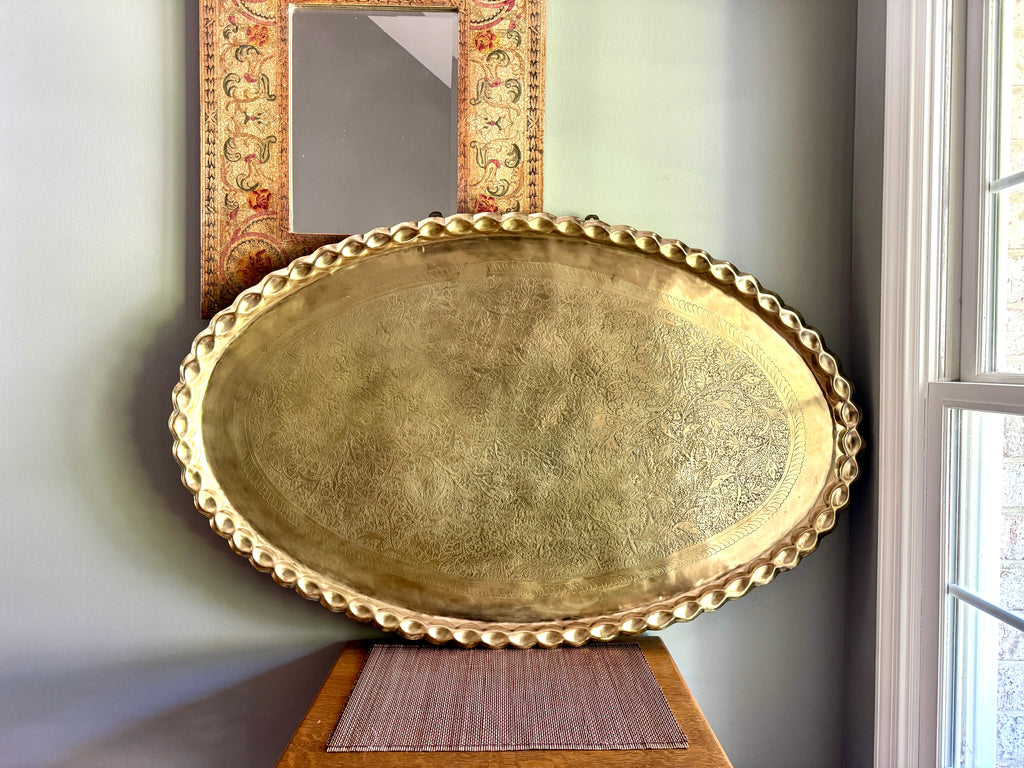 XL Vtg Moroccan Brass Tray ~ Scalloped Edge and Etched Leaf Design Brass Wall Hanging