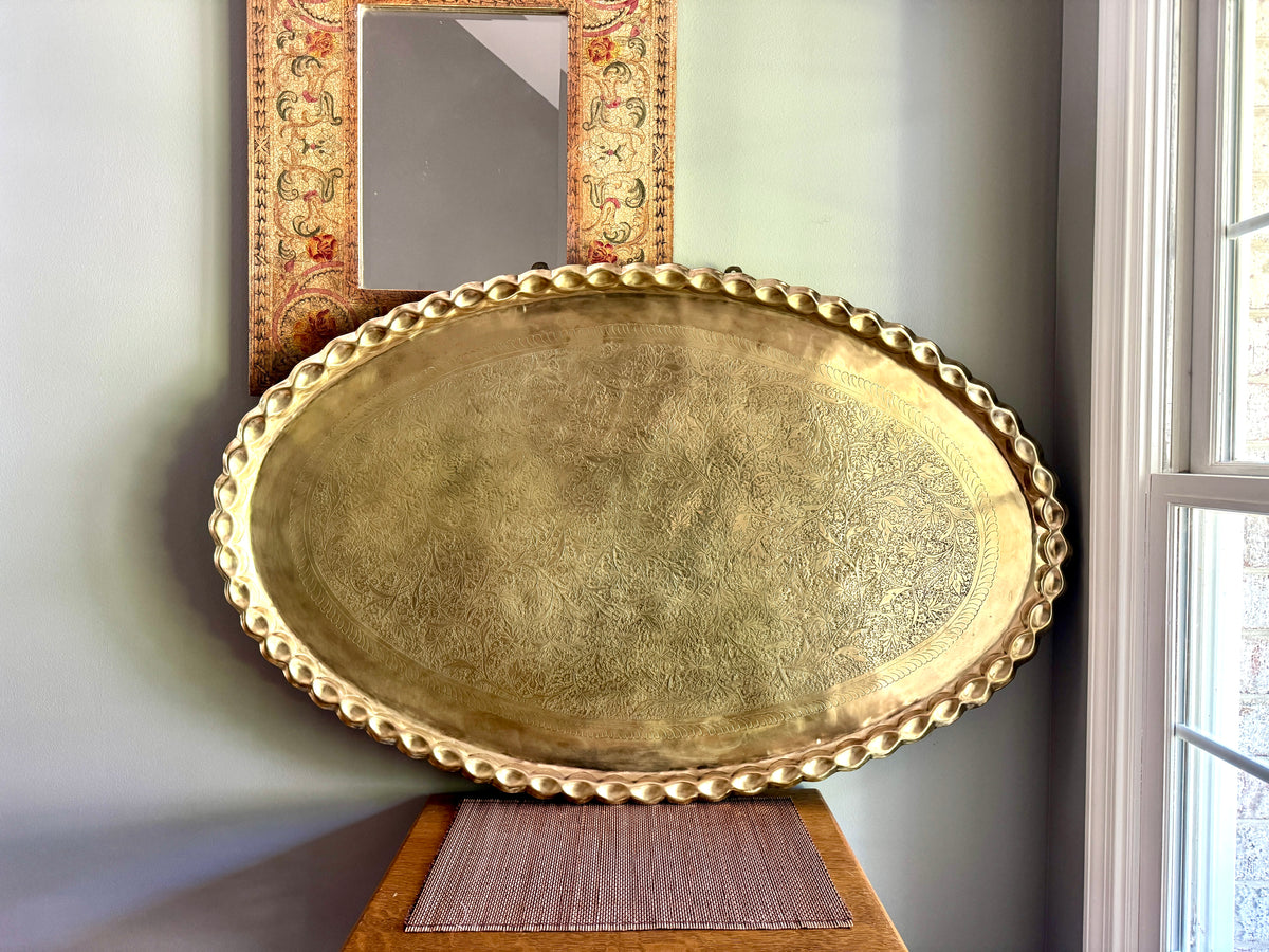 XL Vtg Moroccan Brass Tray ~ Scalloped Edge and Etched Leaf Design Brass Wall Hanging