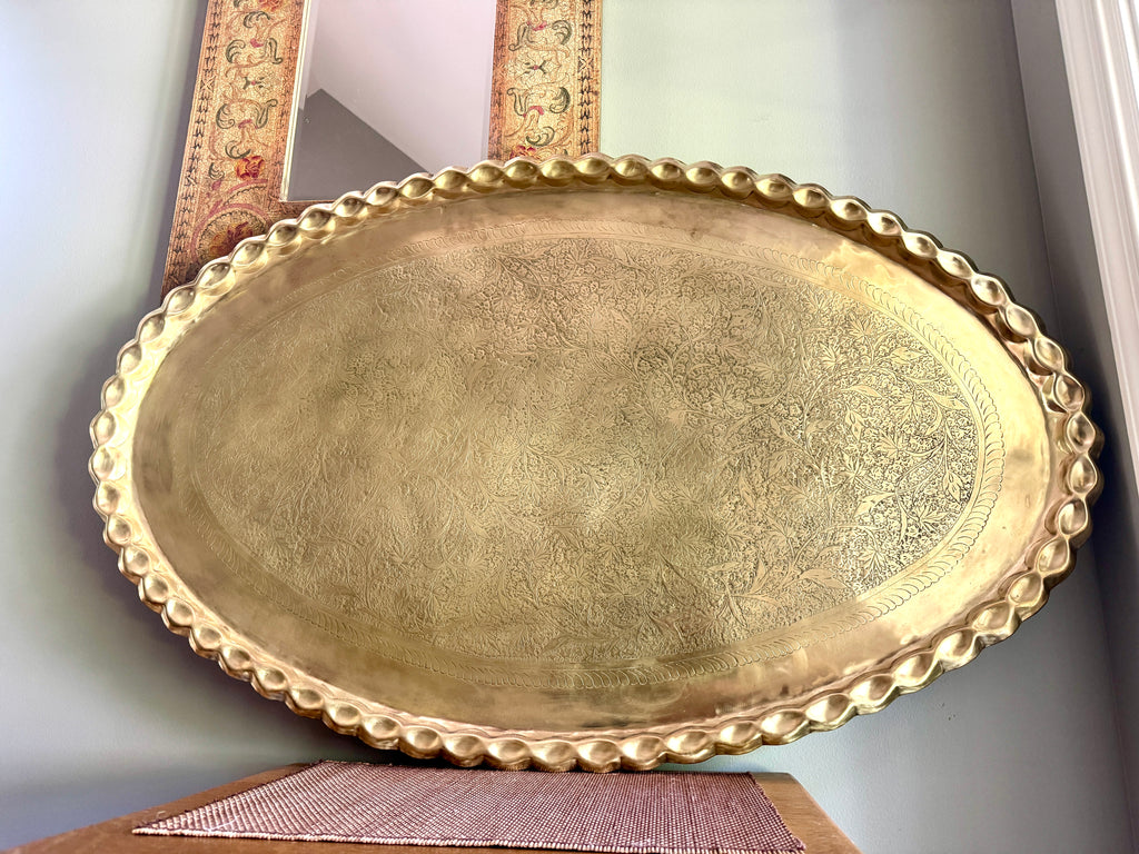 XL Vtg Moroccan Brass Tray ~ Scalloped Edge and Etched Leaf Design Brass Wall Hanging