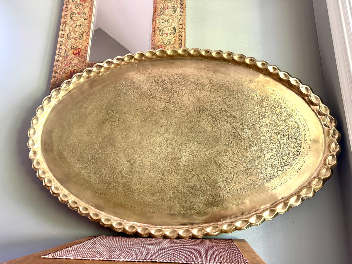 XL Vtg Moroccan Brass Tray ~ Scalloped Edge and Etched Leaf Design Brass Wall Hanging
