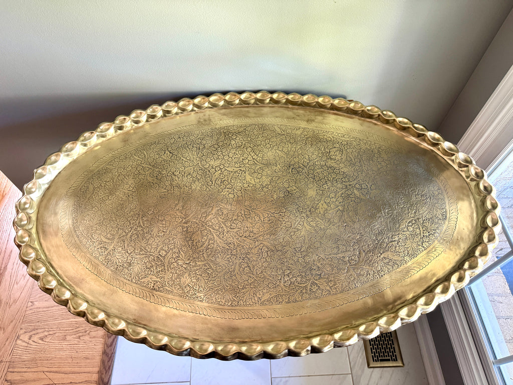 XL Vtg Moroccan Brass Tray ~ Scalloped Edge and Etched Leaf Design Brass Wall Hanging