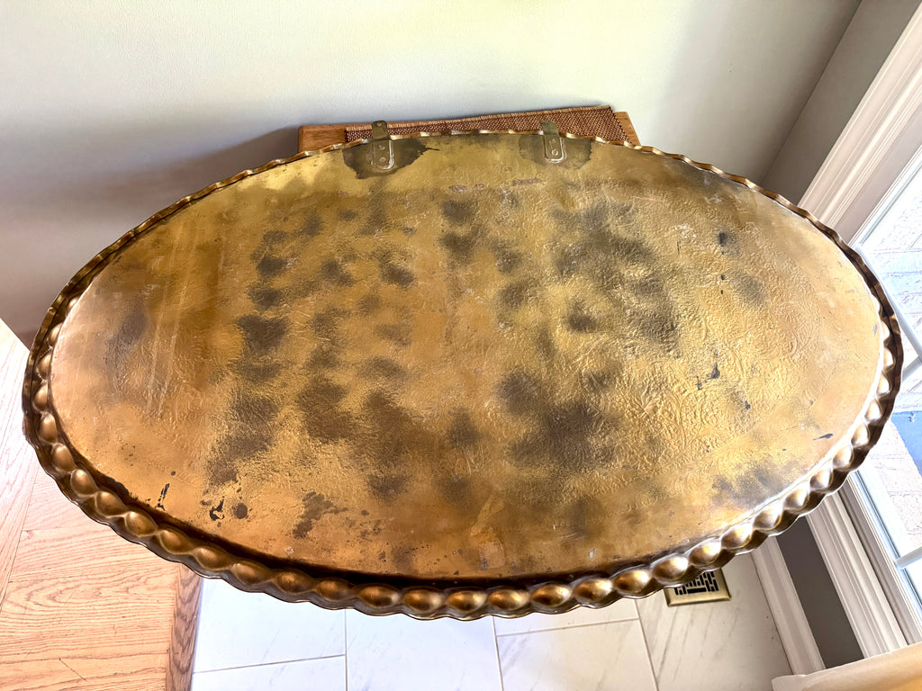 XL Vtg Moroccan Brass Tray ~ Scalloped Edge and Etched Leaf Design Brass Wall Hanging