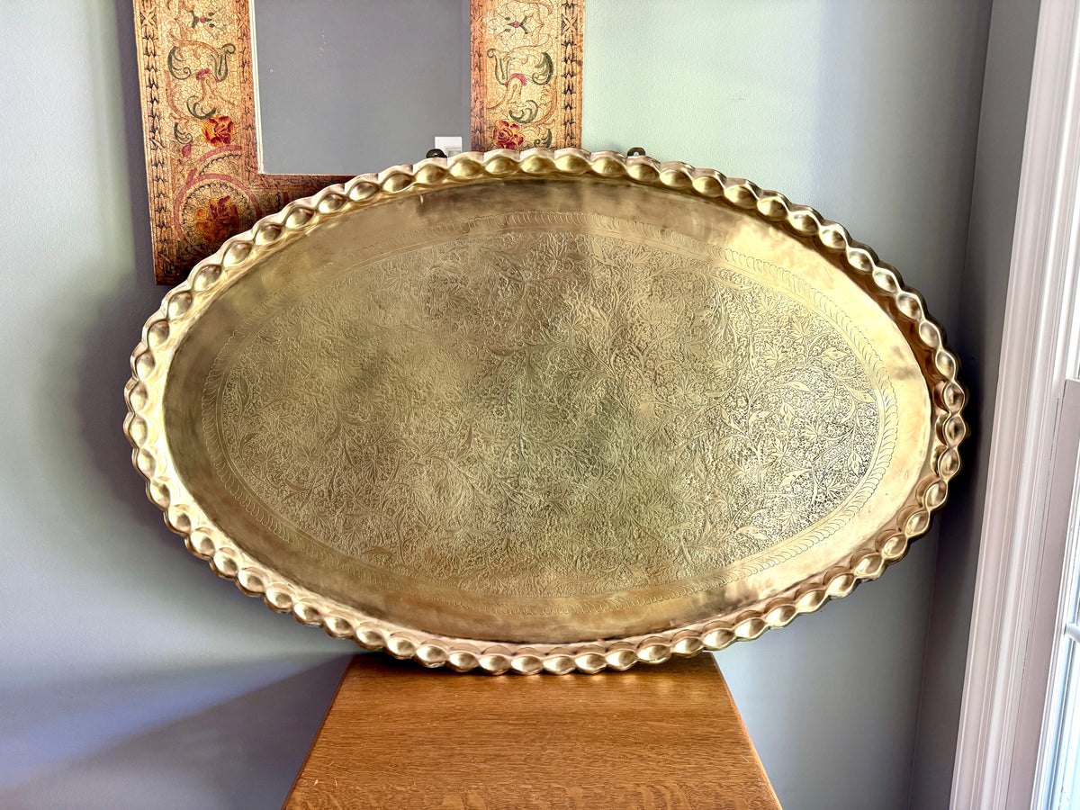 XL Vtg Moroccan Brass Tray ~ Scalloped Edge and Etched Leaf Design Brass Wall Hanging
