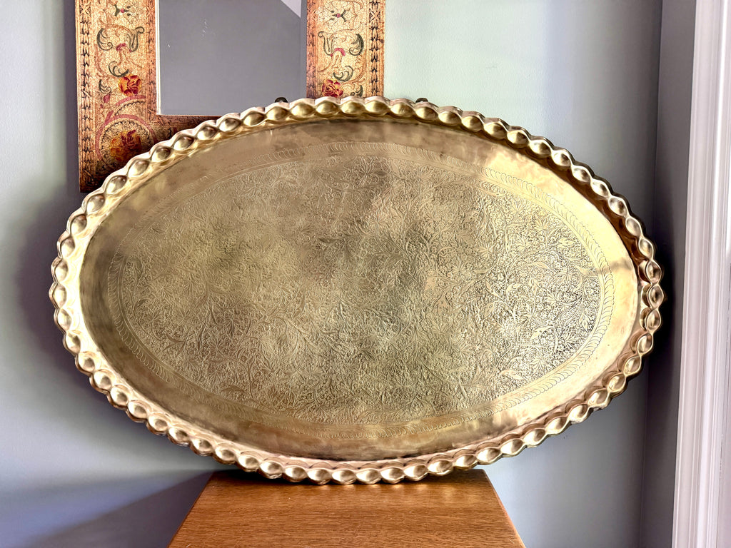 XL Vtg Moroccan Brass Tray ~ Scalloped Edge and Etched Leaf Design Brass Wall Hanging