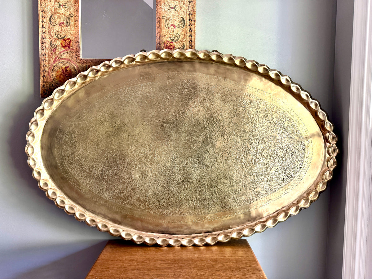 XL Vtg Moroccan Brass Tray ~ Scalloped Edge and Etched Leaf Design Brass Wall Hanging