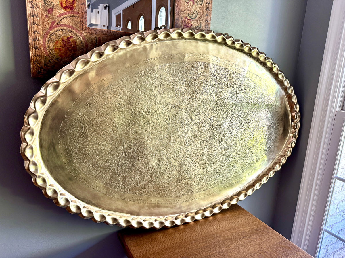 XL Vtg Moroccan Brass Tray ~ Scalloped Edge and Etched Leaf Design Brass Wall Hanging
