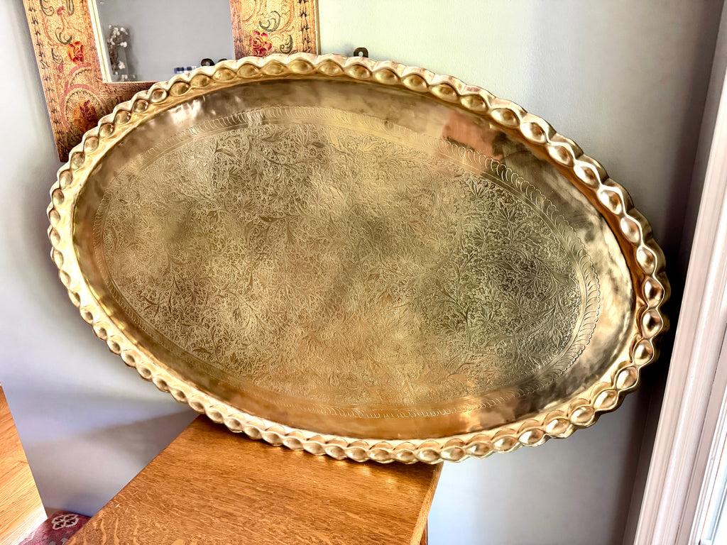 XL Vtg Moroccan Brass Tray ~ Scalloped Edge and Etched Leaf Design Brass Wall Hanging