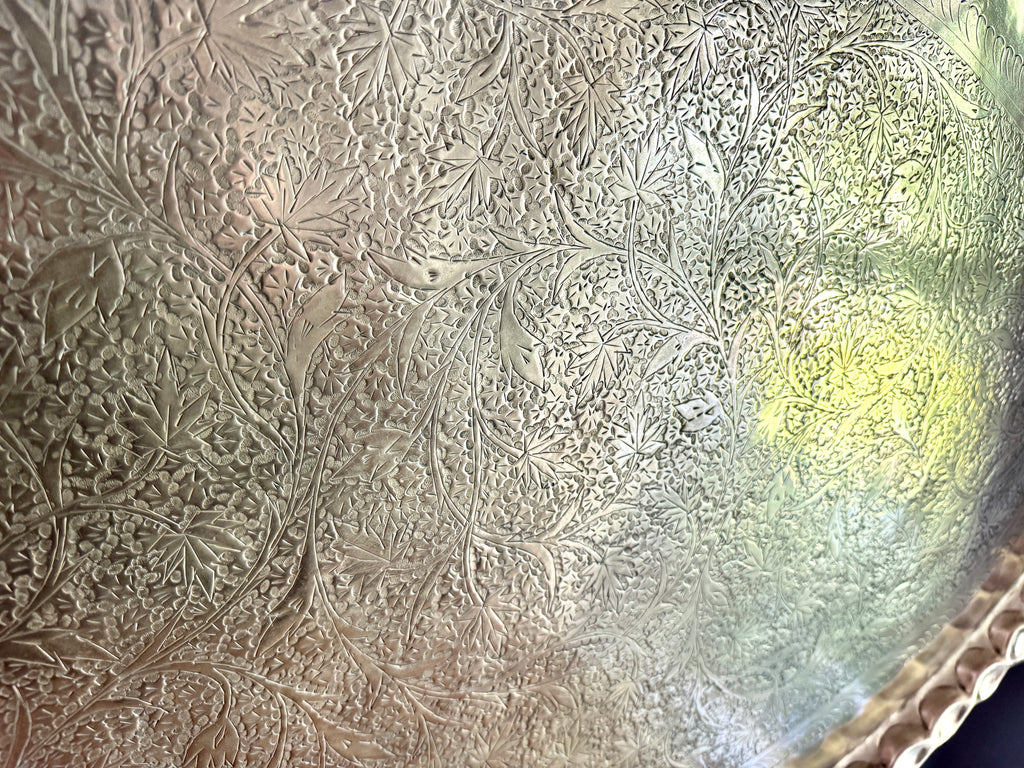 XL Vtg Moroccan Brass Tray ~ Scalloped Edge and Etched Leaf Design Brass Wall Hanging