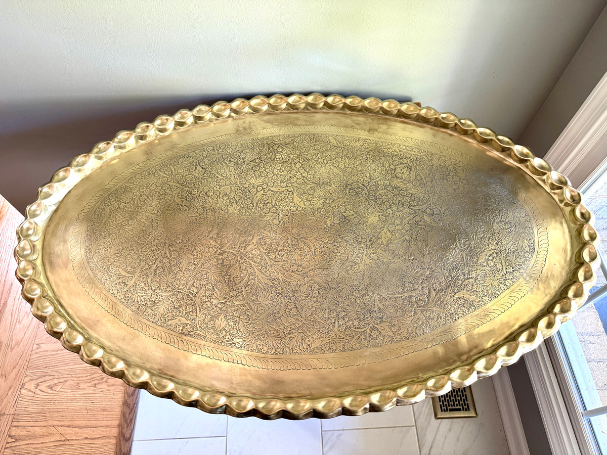 XL Vtg Moroccan Brass Tray ~ Scalloped Edge and Etched Leaf Design Brass Wall Hanging