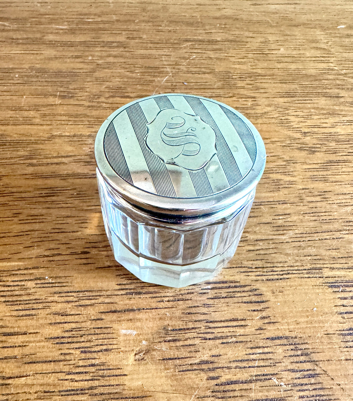 Elegant Small Engraved Art Deco Sterling Silver & Cut Glass Vanity Jar ~ Vanity Glass & Silver Box