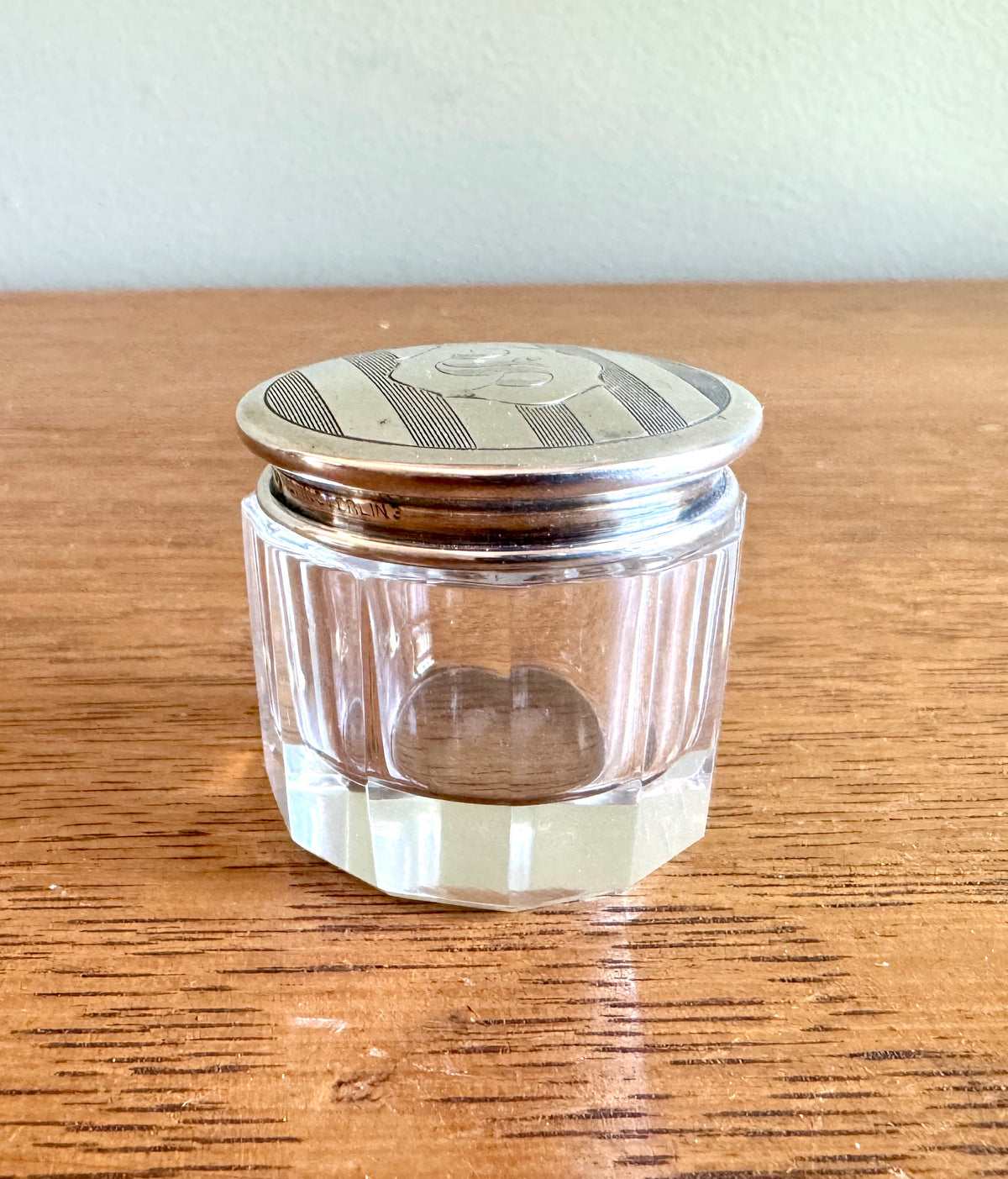 Elegant Small Engraved Art Deco Sterling Silver & Cut Glass Vanity Jar ~ Vanity Glass & Silver Box
