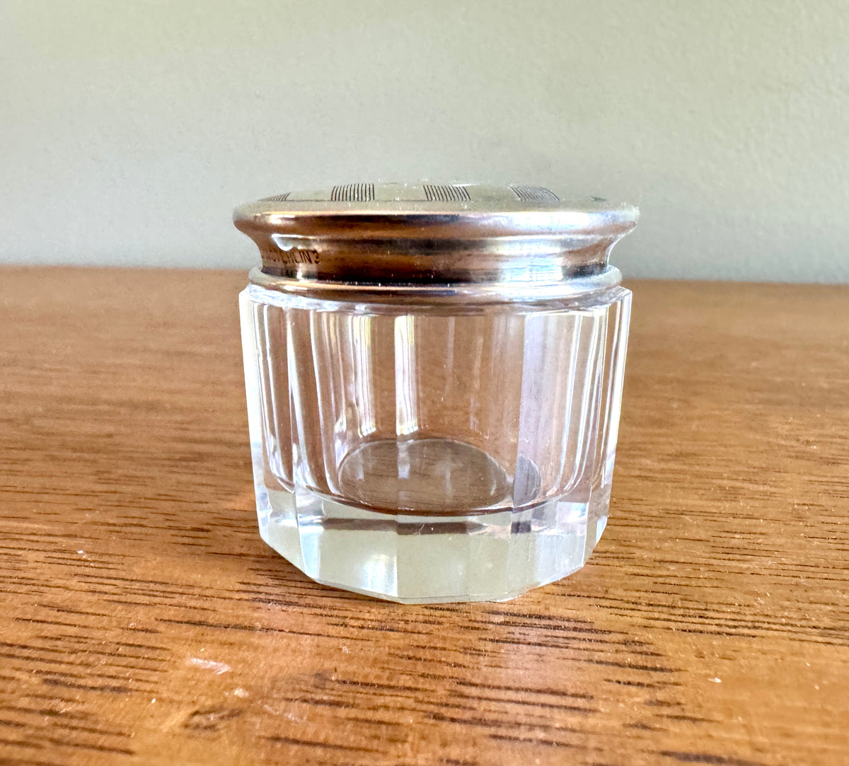 Elegant Small Engraved Art Deco Sterling Silver & Cut Glass Vanity Jar ~ Vanity Glass & Silver Box