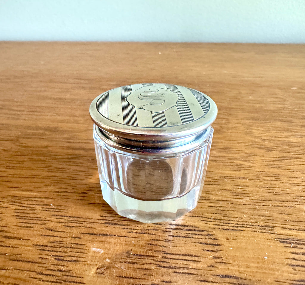 Elegant Small Engraved Art Deco Sterling Silver & Cut Glass Vanity Jar ~ Vanity Glass & Silver Box