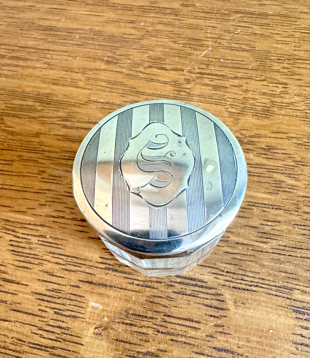 Elegant Small Engraved Art Deco Sterling Silver & Cut Glass Vanity Jar ~ Vanity Glass & Silver Box